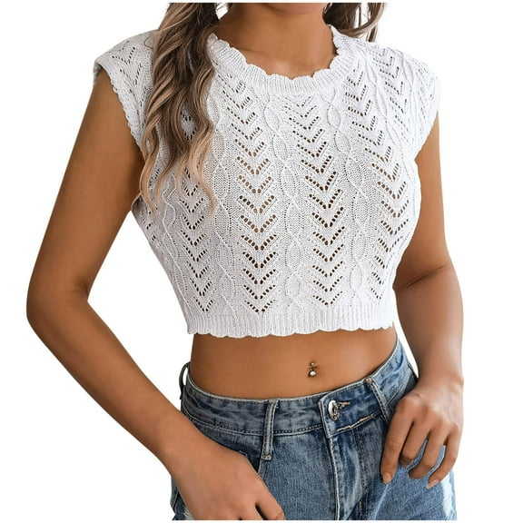 Ltctricy Crop Tank Tops for Women Cap Sleeve Crew Neck Hollow out Crochet Knit Sweater Vests Summer Casual Sleeveless Shirts