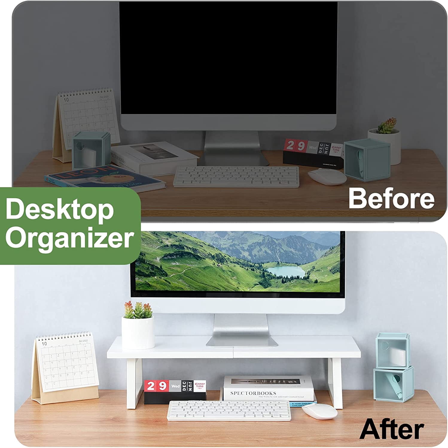24 inch Monitor Stand Riser, White Wood & Steel Computer Monitor Stand with Storage, Laptop, PC, Printer Stand Riser for Desktop Office Desk Organizers
