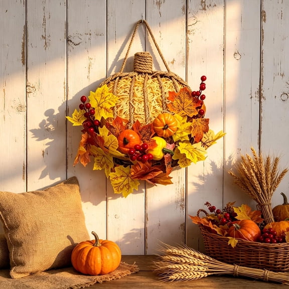 Thanksgiving Front Door Hanging Decor, Pumpkin Wreaths for Front Door, Pumpkin Maple Leaf Fall Decor, Plastic Farmhouse Autumn Wall Ornament, Seasonal Hanging Decoration for Porch Entryway Home