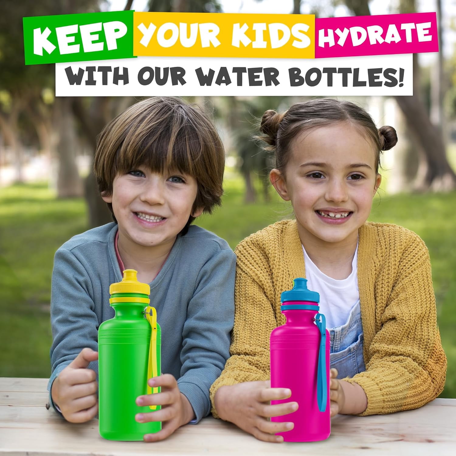 Bedwina Bulk Water Bottles for Kids - (Pack of 12) 18 oz - 7.5 Inch BPA-Free Plastic Water Bottles With Pop-up Tops & Handles for Summer, Reusable Water Bottles Bulk for School