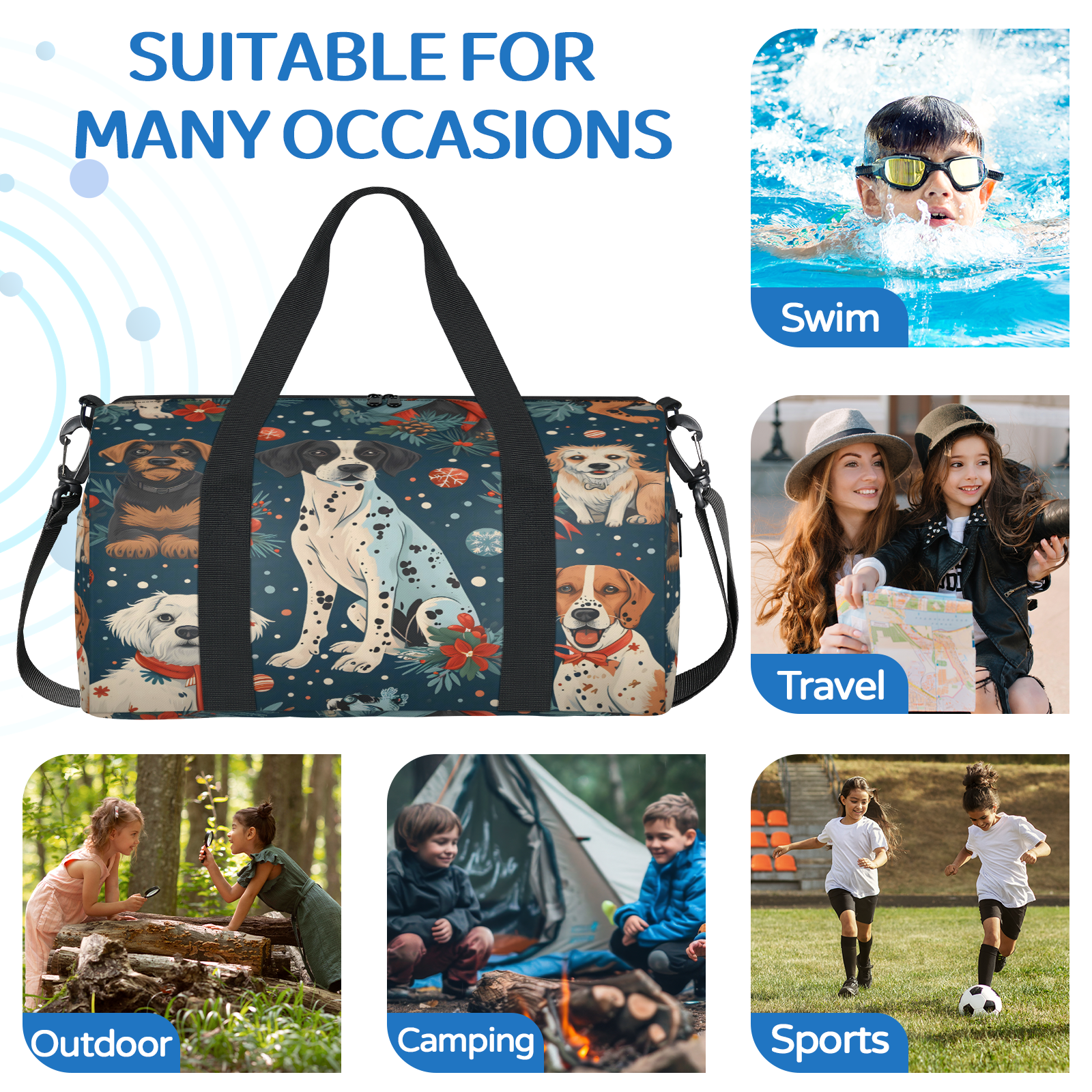 Herdesigns Funny Dog Christmas Gym Bag for Women, Duffle Bag for Travel Sport, Lightweight Waterproof Carry on Weekender Overnight Dance Yoga Workout Bags