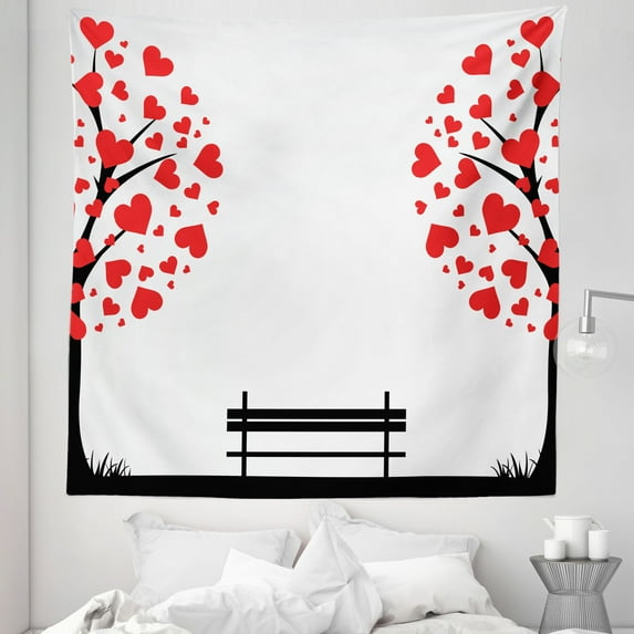 Tree Tapestry, Trees with Hearth Shaped Leaves and a Bench Love Romance Nature Design, Fabric Wall Hanging Decor for Bedroom Living Room Dorm, 5 Sizes, Black Red White, by Ambesonne