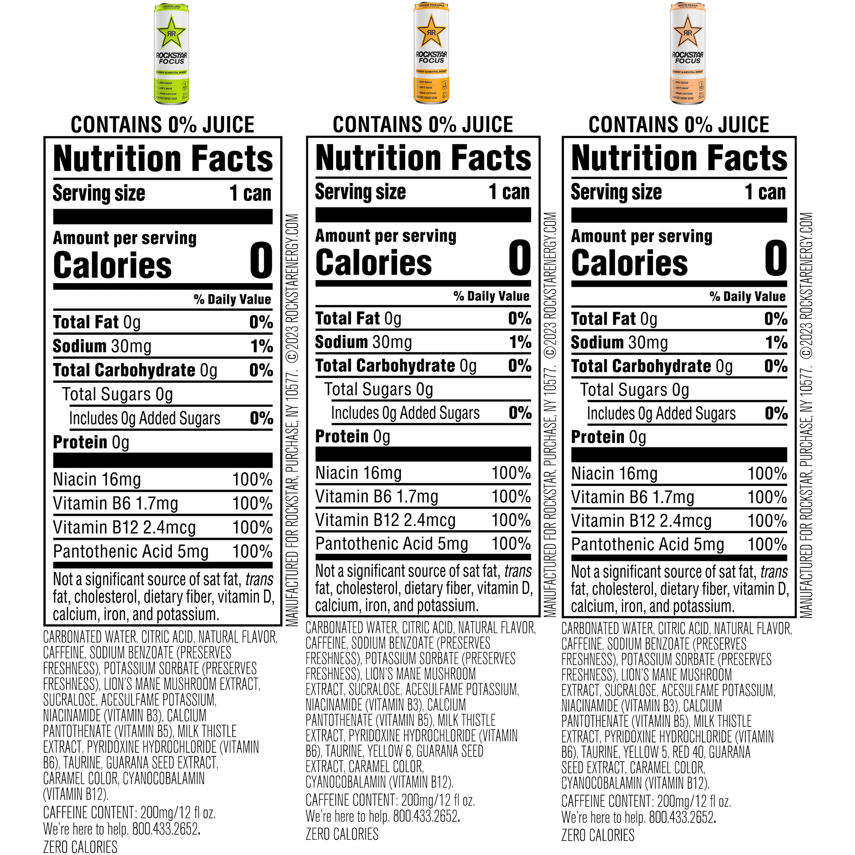 Rockstar Focus Zero Sugar Energy Drink, 3 Flavor Variety Pack, Lion’s Mane, Energy & Mental Boost, 12 oz 12 Pack Cans