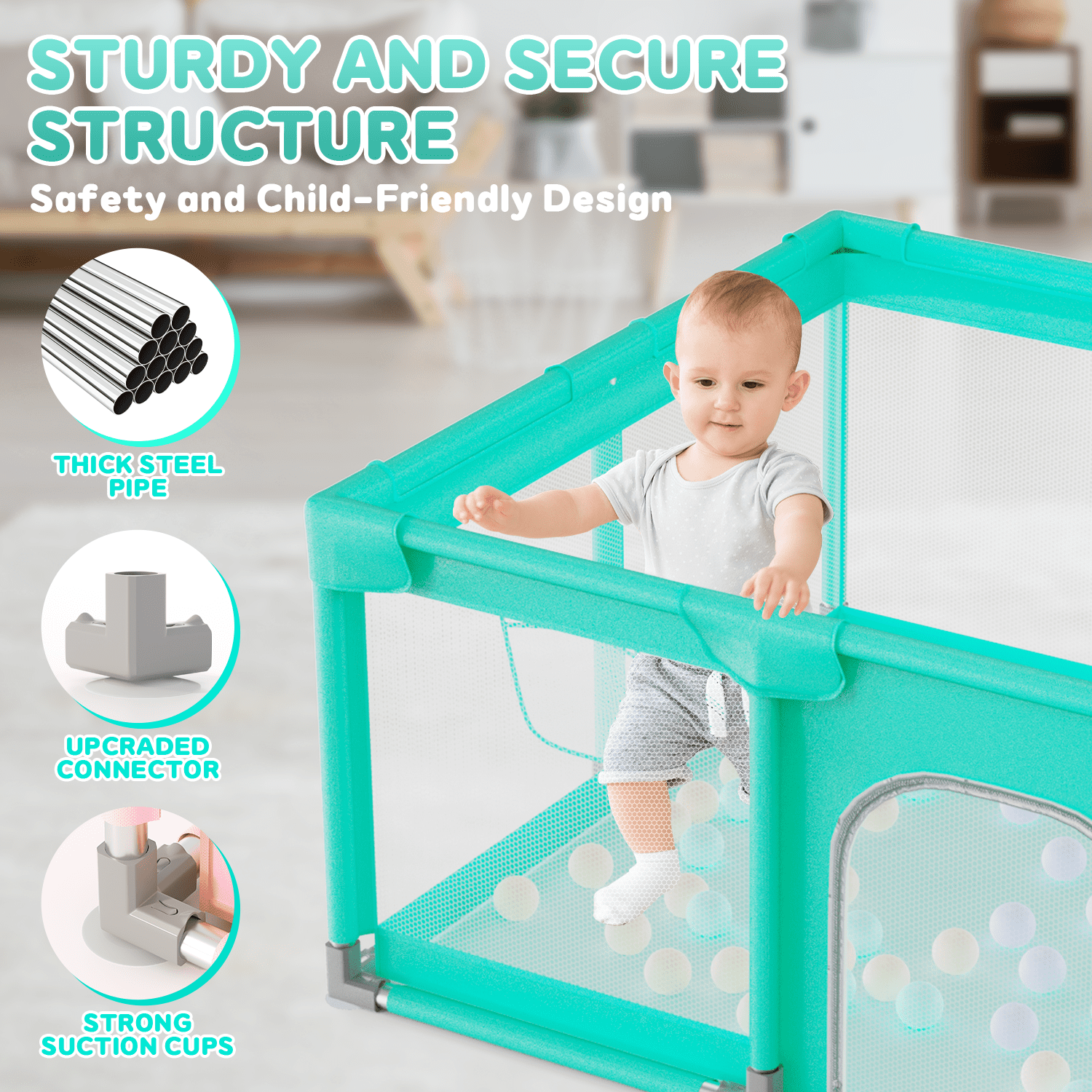JoyStone Baby Playpen, 50 x 50 in, Non-Slip Base, Soft Mesh Sides, 2 Pull-up Rings, Carry Bag, Green