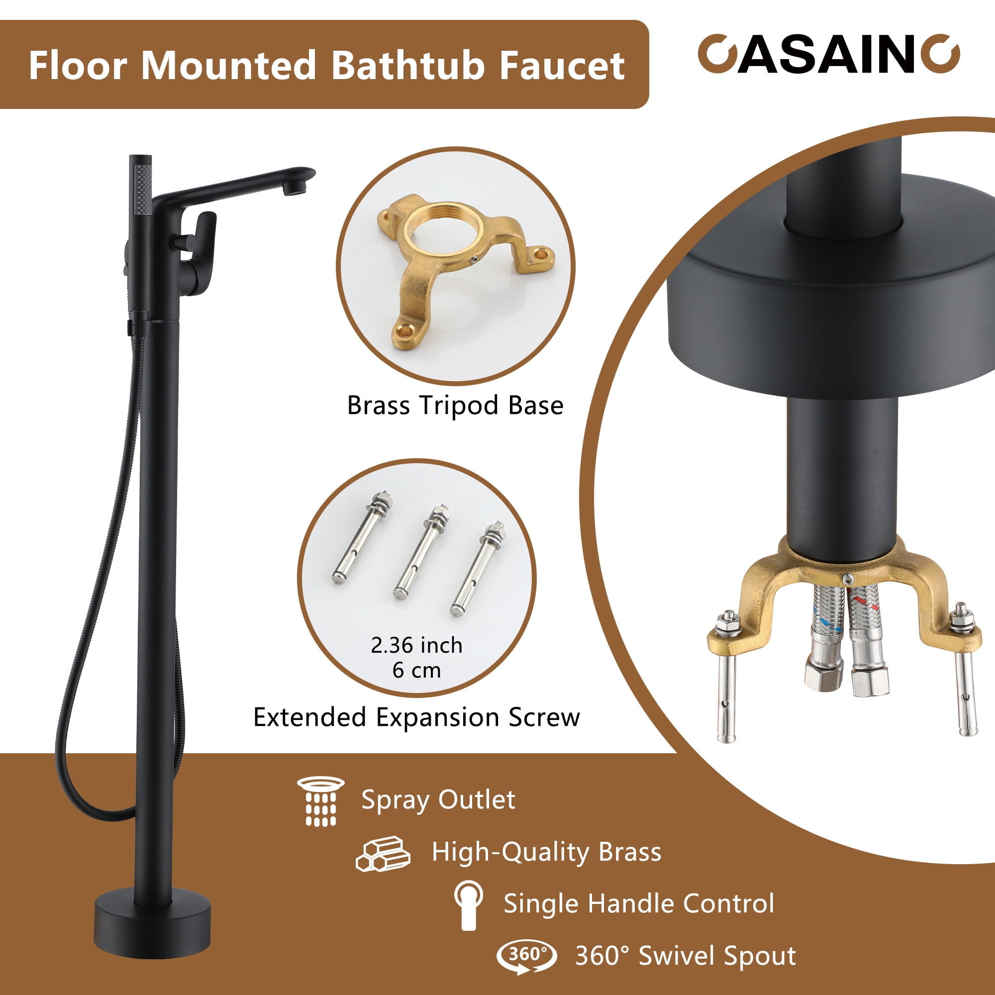 CASAINC Single-Handle Modern Floor Mount Freestanding Bathtub Faucet with Handheld Shower in Matte Black