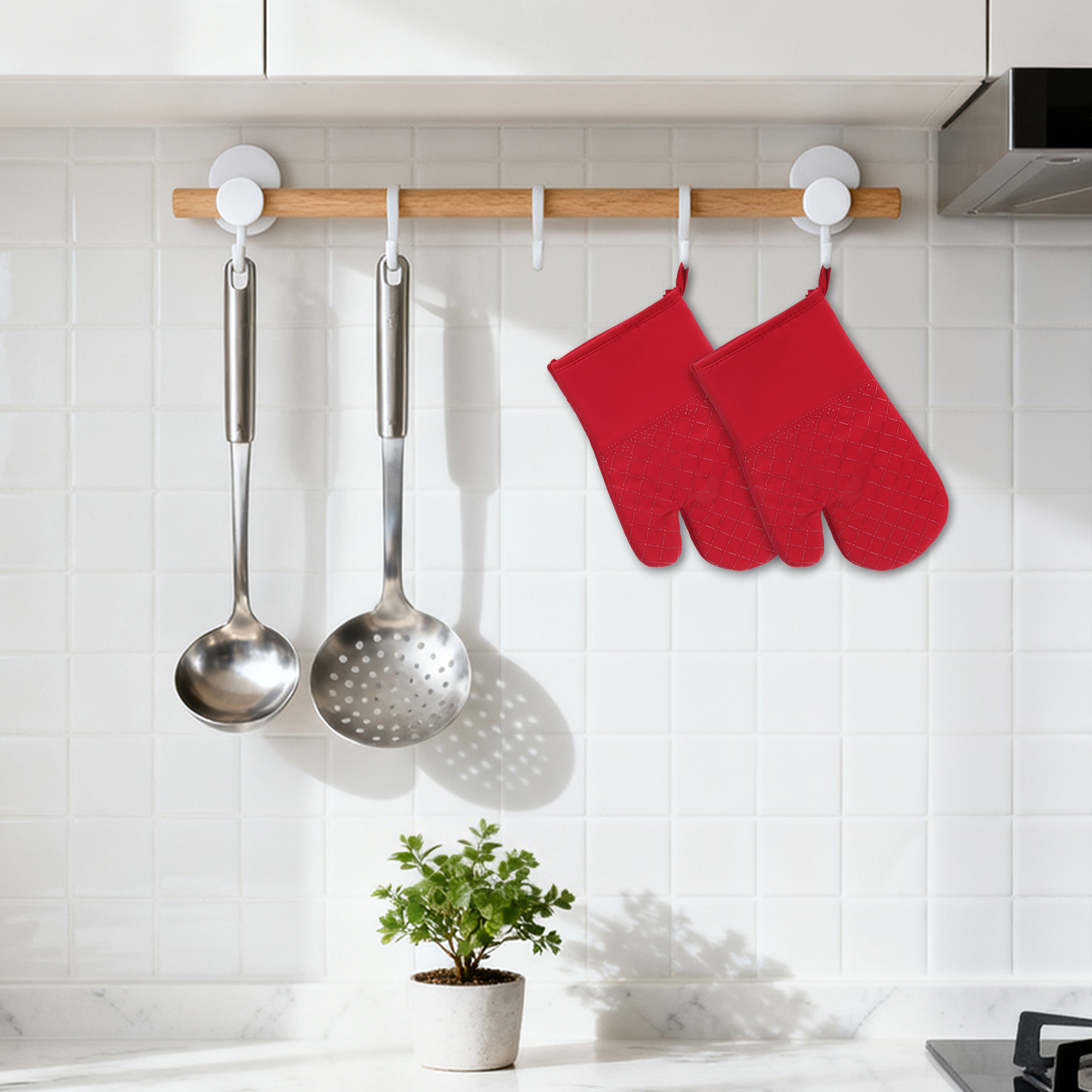 Unique Bargains Silicone Cotton Heat-Resistant 2 Pcs Kitchen Mitts Red 11.8x6.7inch