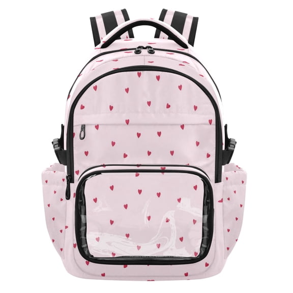 Qxltty Simple Little Heart Backpack School Bookbag with Clear PVC Front Pocket, Laptop Compartment, Water Resistant Travel Daypack for Students