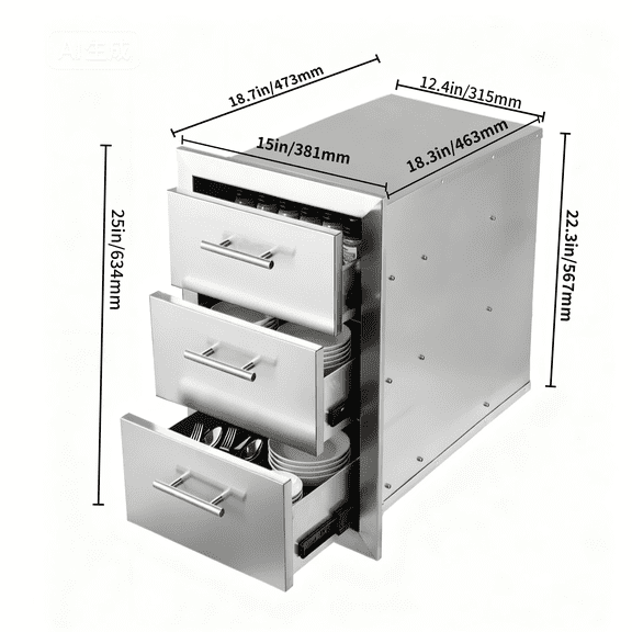 Cxforste Outdoor BBQ Drawer 3-Tier Stainless Steel, 15"x25"x18.7" Recessed Handle Storage Cabinet for BBQ Island, Outdoor Kitchen, Grilling Station