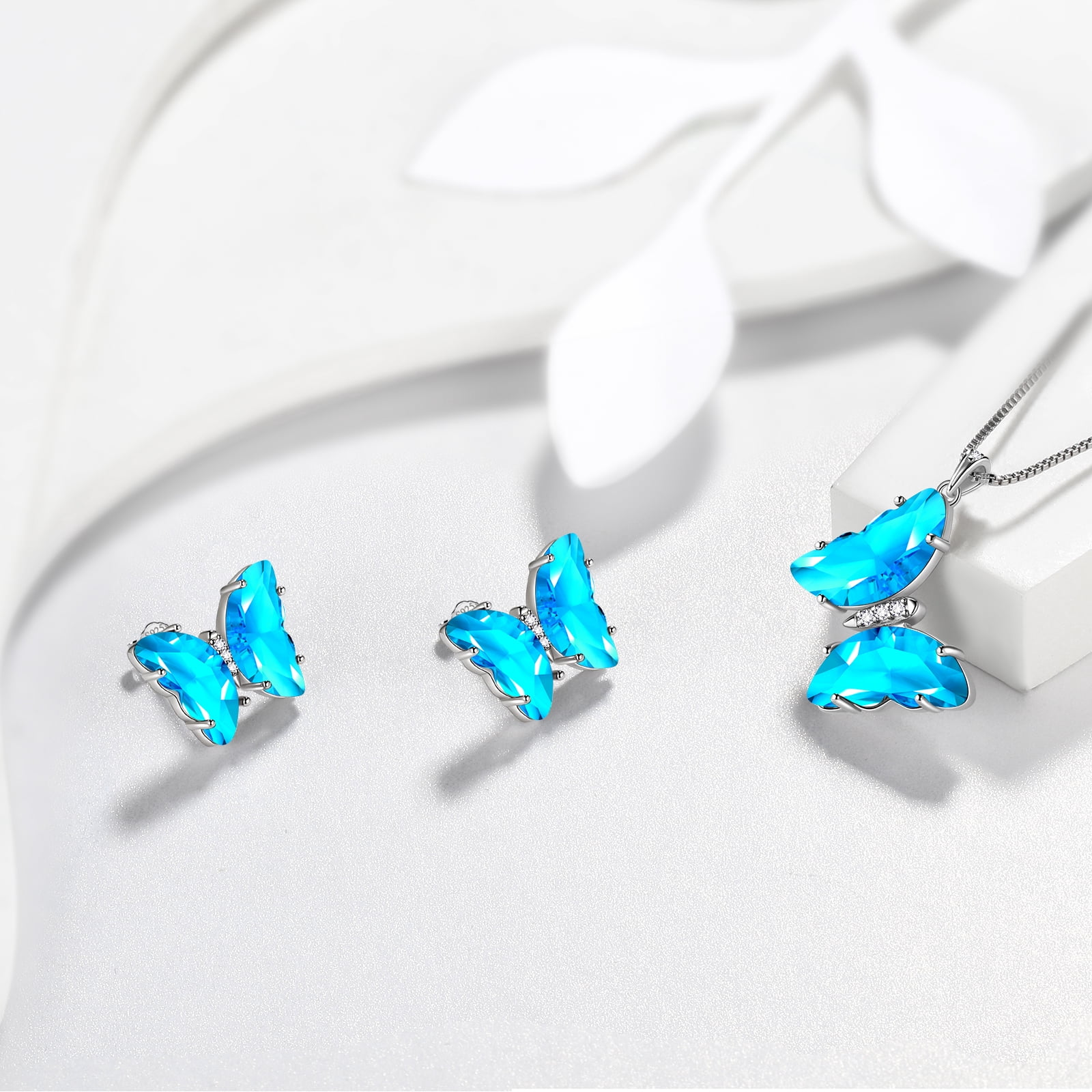 Blue Butterfly Jewelry Sets Necklace Earrings Sterling Silver Aquamarine Jewelry Set March Birthstone Crystal Women Birthday Mother's Day Gifts