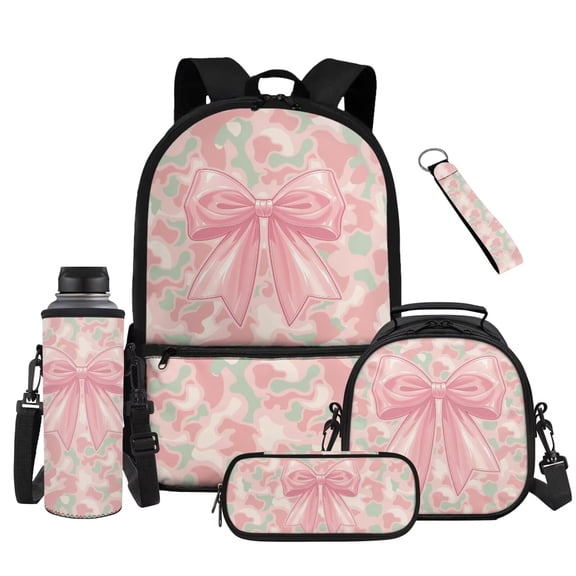 Aplkyhs Pink Camouflage Bow School Backpack Set 4Pcs with Lunch Box Pencil Case Water Bottle Holder with Strap Portable Lunch Bag for Elementary Primary Middle School Bookbag