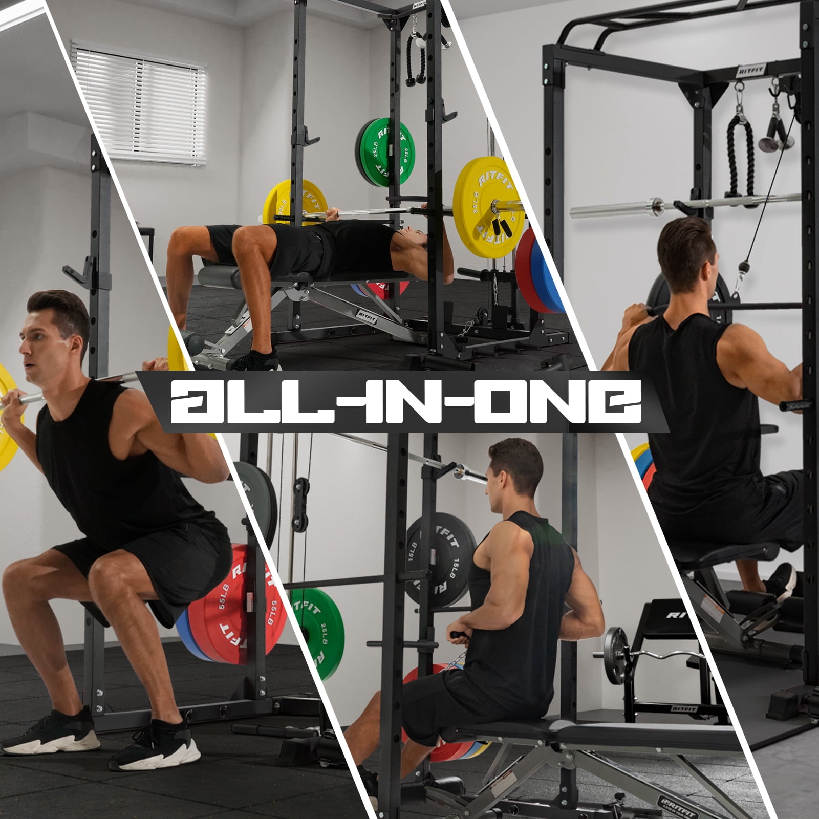 RITFIT All-In-One Squat Rack for Home Gym, PPC02C Multi-Function 1000 LBS Capacity Power Cage with Lat Pulldown, Pulley System, Dip Bar, Landmine & More Power Rack Attachments