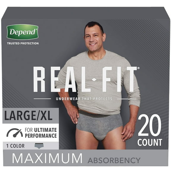 Depend Real Fit Incontinence Underwear for Men, Maximum Absorbency, Disposable, Large/Extra-Large, Grey, 20 Count (Packaging May Vary)