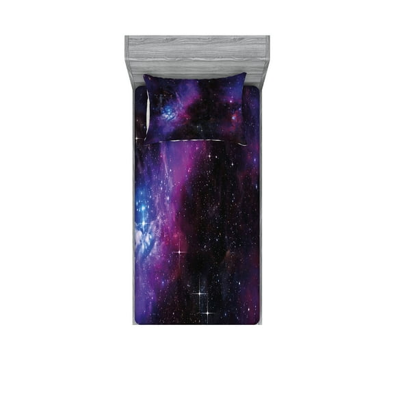 Ambesonne Space Fitted Sheet & Pillow Sham Set, Nebula Dark Galaxy Stars, Twinxl, Magenta Blue