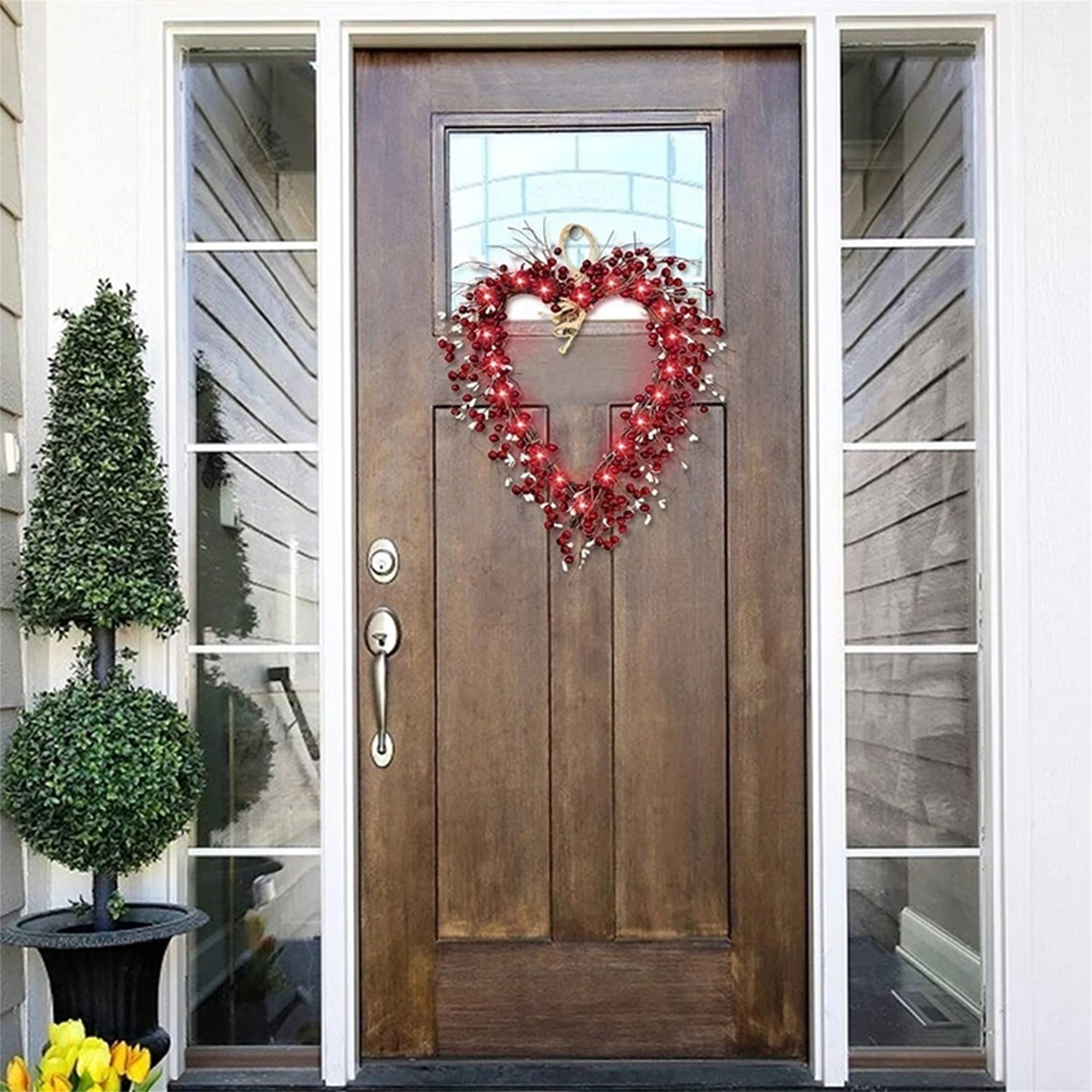 Heart Valentines Wreath for Front Door with Lights,Red Berry Lighted Wreaths for Valentines Day Decor,Artificial Spring Wreath Window Indoor Outdoors