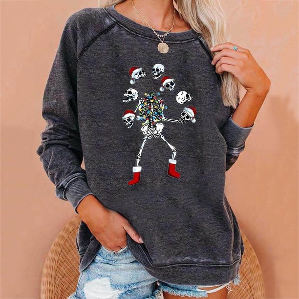 Pntutb Mujer Halloween Navidad Calavera Estampado Cuello Redondo Suelto Jersey Estampado Sudadera top Pntutb Pntutb-4739