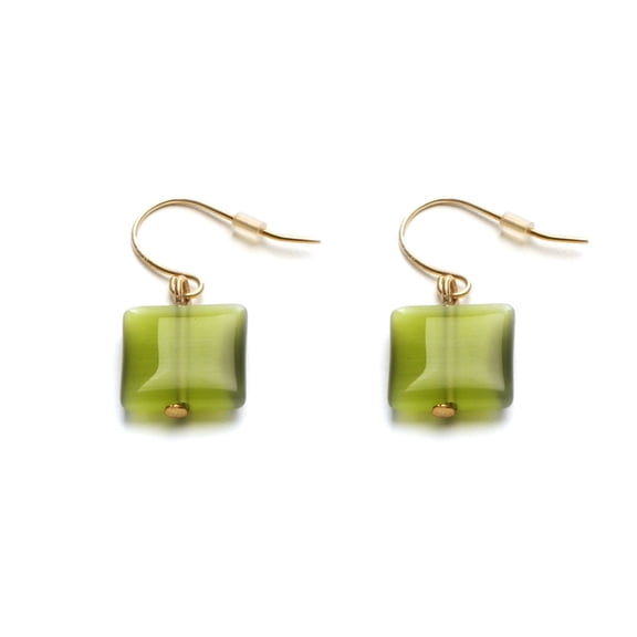 Dainty Green Glass Cat's Eye Drop Earrings - 1 Inch Light Fashion Jewelry Gold