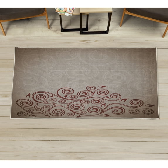 Ornamental Decorative Rug, Floral Swirls Ivy Image Ombre Details Grunge Backdrop Flower Illustration, Quality Carpet for Bedroom Dorm and Living Room, 6 Sizes, Taupe Redbrown, by Ambesonne