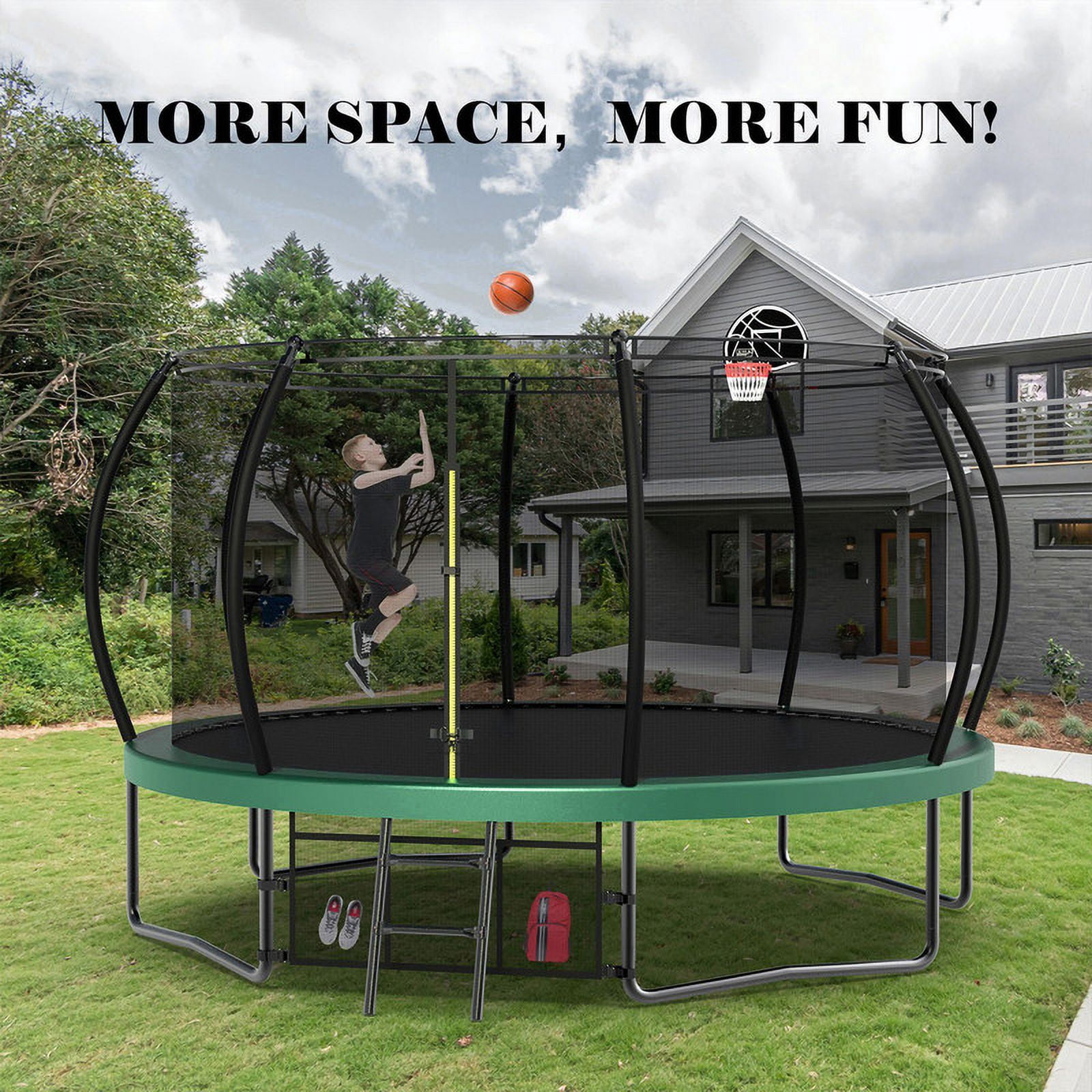 Aukfa 12FT Trampoline with Basketball Hoop for Kids, Outdoor Pumpkin Trampoline with Enclosure for Backyard - Green