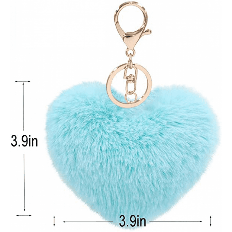 Women's Heart Puffball Keychain Faux Fur Pom Pom Keyholder Bag Accessory  Keyring Backpack Charms for Girls--Lake Blue 