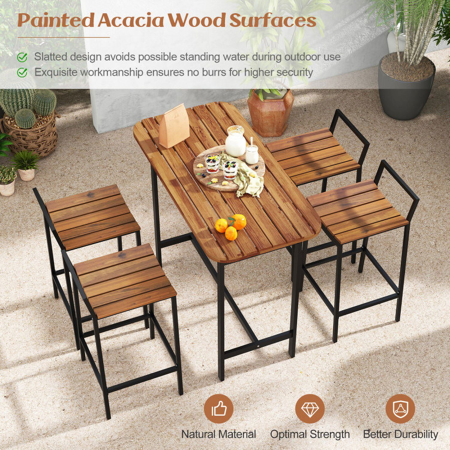 Aimee Lii 5 Piece Acacia Wood Bar Table Set Bar Height Table and Chairs with Metal Frame and Footrest, Outdoor Patio Furniture