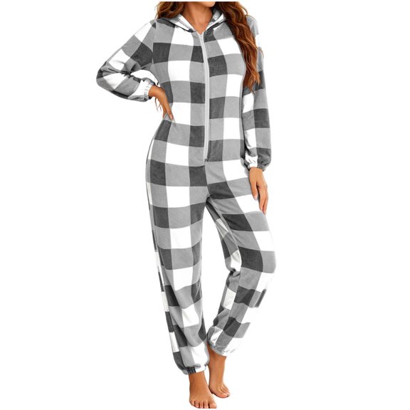 Cmfcve Women's Hooded Fleece Onesies Pajamas Winter Warm One-Piece Pajamas Casual Long Sleeve Thick Loungewear Jumpsuit