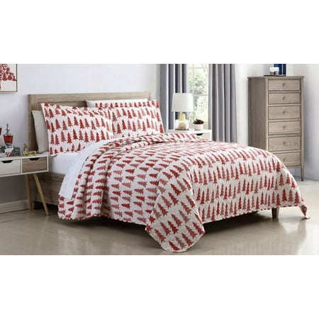 Red Christmas Trees, Holidays Queen Quilt & Shams (3 PC