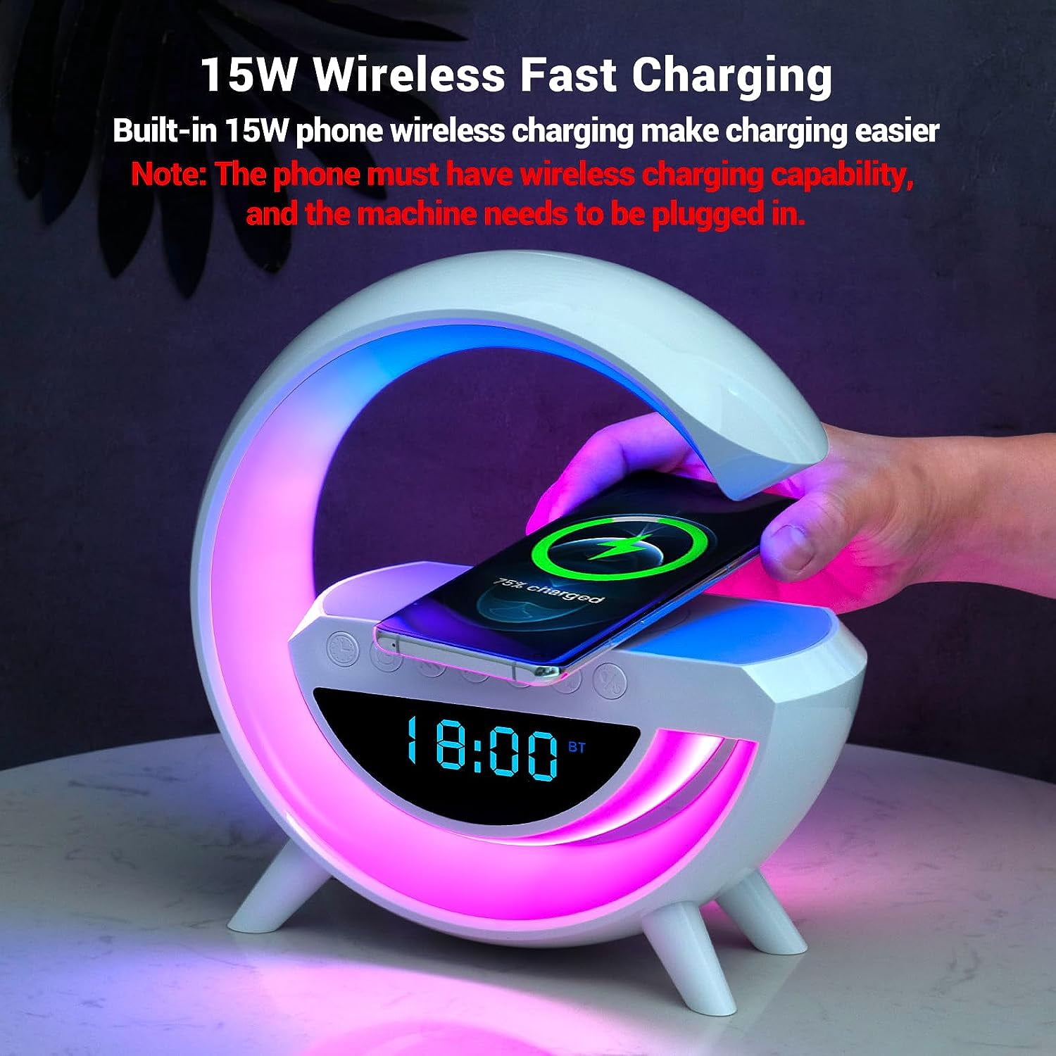 Wireless Charger Atmosphere Lamp with Bluetooth Speaker Alarm Clock Night Light 15W Wireless Charger Speaker for Bedside Lamp Desk Clock Sound Machine Ambient Lighting for Christmas Gifts