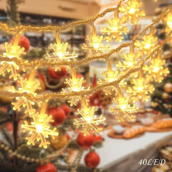 40 LED Fairy Lights, 19.7 ft Snowflake String Lights, Battery Operated Christmas Light for Indoor Outdoor Party Decor, Warm White