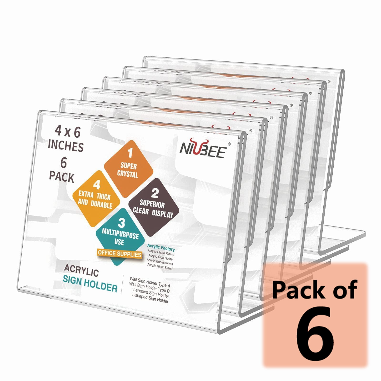 NIUBEE Acrylic Sign Holder 4*6 Inches 6 Pack Horizontal for Business Decor, Slant Back Clear Frames, Plastic Paper Flyer Display Holder, Document Menu Table Stand for Office, Store, Restaurant