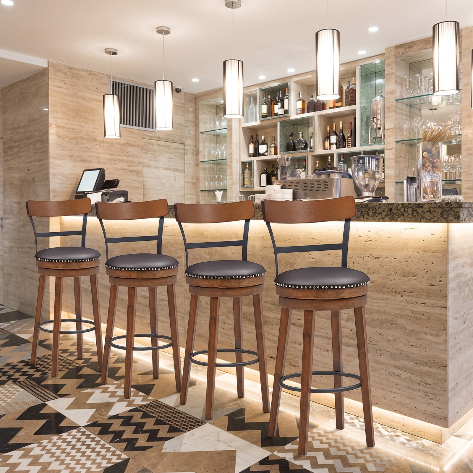 Furnibear Set of 2 30.5 Inch Swivel Pub Height Bar Stools, Rubber Wood Counter Bar Chairs with PVC Leather Padded Seat, Ergonomic Backrest and Anti-Slip Foot, Brown