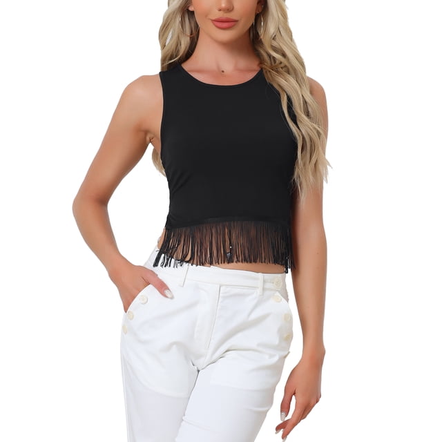 INSPIRAR CHIC Top de Mujer de Punto Acanalado Sin Mangas con Cuello Redondo y Flecos Talla XL Negro