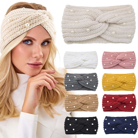 Ear Warmers Winter Headbands for Women with Pearls, Knit Winter Headbands Wide Cold Weather Headbands for Women Cozy Winter Crochet Head Bands