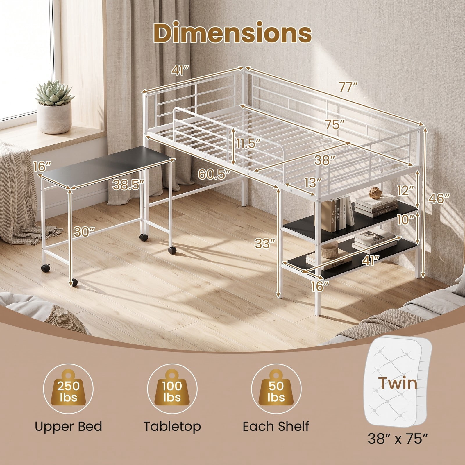Furnibear Twin Size Loft Bed with Rolling Desk and Bookshelf for Home Office Bedroom, Space-Saving Metal Loft Bed Frame with Ladder, White