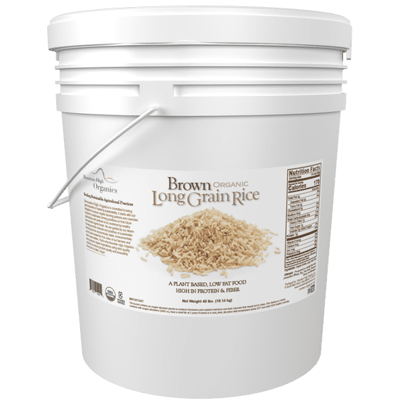 Mountain High Organics Certified Organic Brown Long Grain Rice 40 lb. Emergency Food Storage Bucket