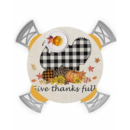 

Round Tablecloth with Elastic Thanksgiving Black Buffalo Plaid Turkey Sunflower Waterproof Stain-proof Table Cover Wipeable Fitted Table Cloths for 45 -54 Round Tables Dining Kitchen