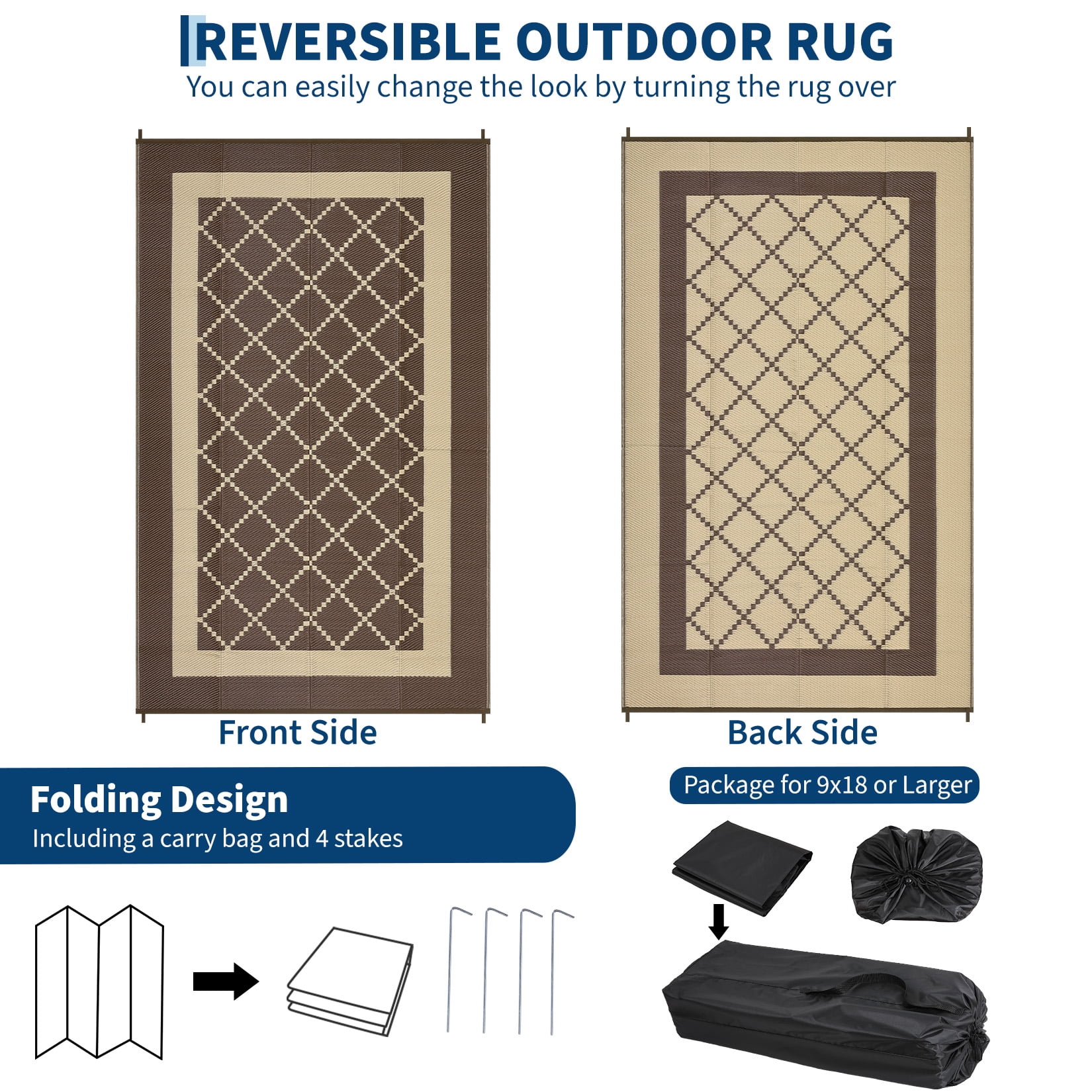 HIWEAVER 9' x 18' Brown Outdoor Rug PP Plastic Straw Woven Waterproof Patio Rug with Border Portable Outside Carpet for Balcony Deck Picnic Garden Decor