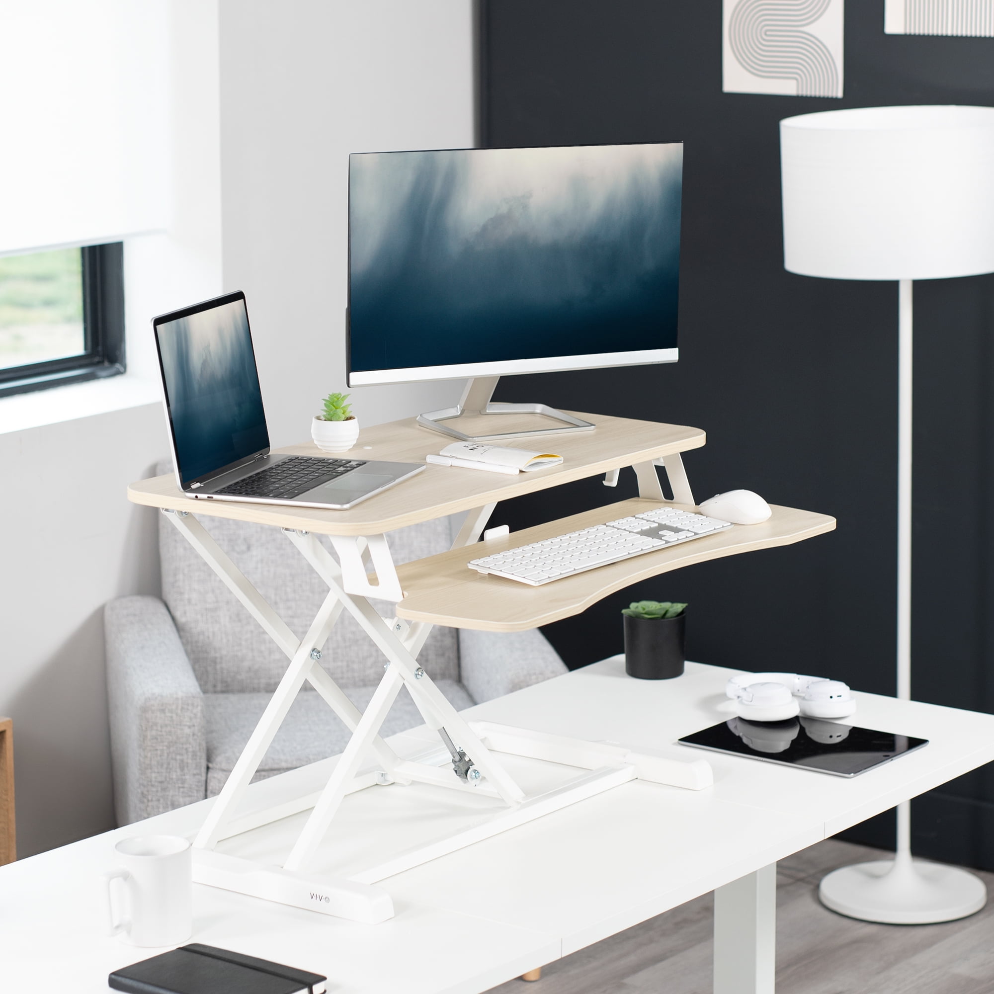 VIVO Light Wood Standing 32" Desktop Monitor Riser, White Frame