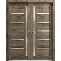 Sliding French Double Pocket Doors Frosted Glass | Quadro 4088 Cognac Oak | Kit Trims Rail Hardware | Solid Wood Interior Bedroom Sturdy Doors-56" x 96" (2* 28x96)