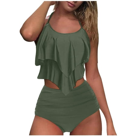 BSDJILFG Two Piece Bikini Sets for Women Halter Neck Ruffled Bikini Top with High Waisted Cheeky Brief for Beach Vacation Pool Party Clearance