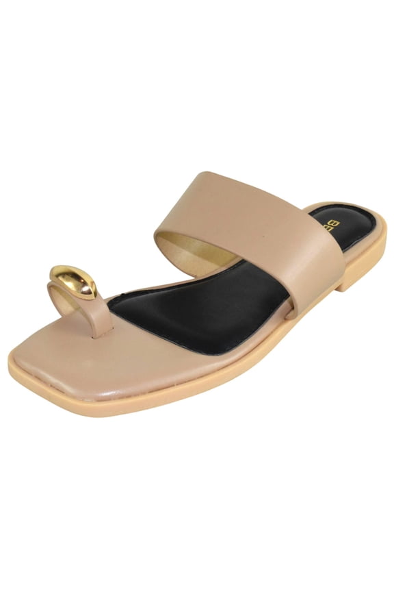 Womens Toe Ring Slide Sandals  Gold Accent, Cushioned Footbed, Lightweight Flat Slip-On Sandals, Minimalist Summer Slides KAMILA Beige Nude 9