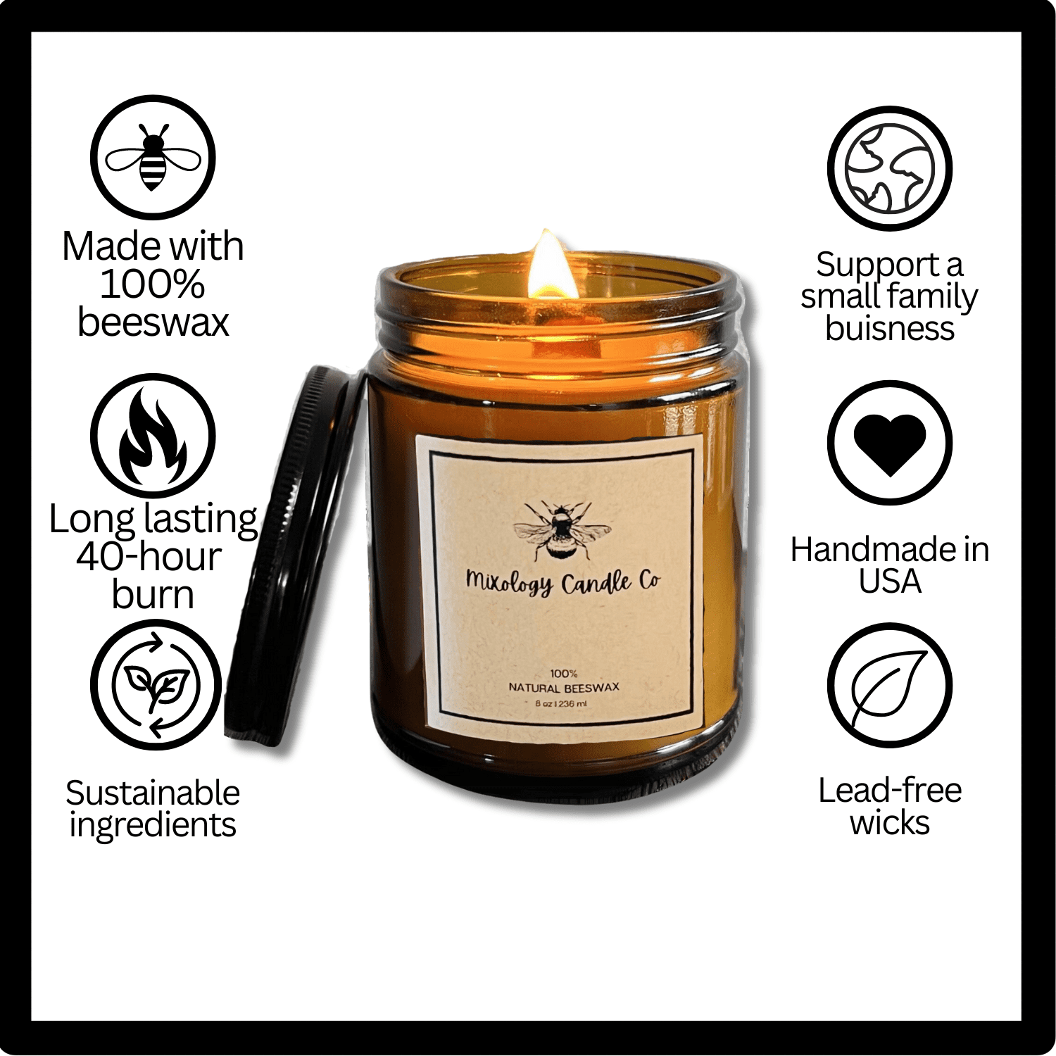 Beeswax Jar Candle - 8oz - 100% Hand-poured in USA with Wooden Wick