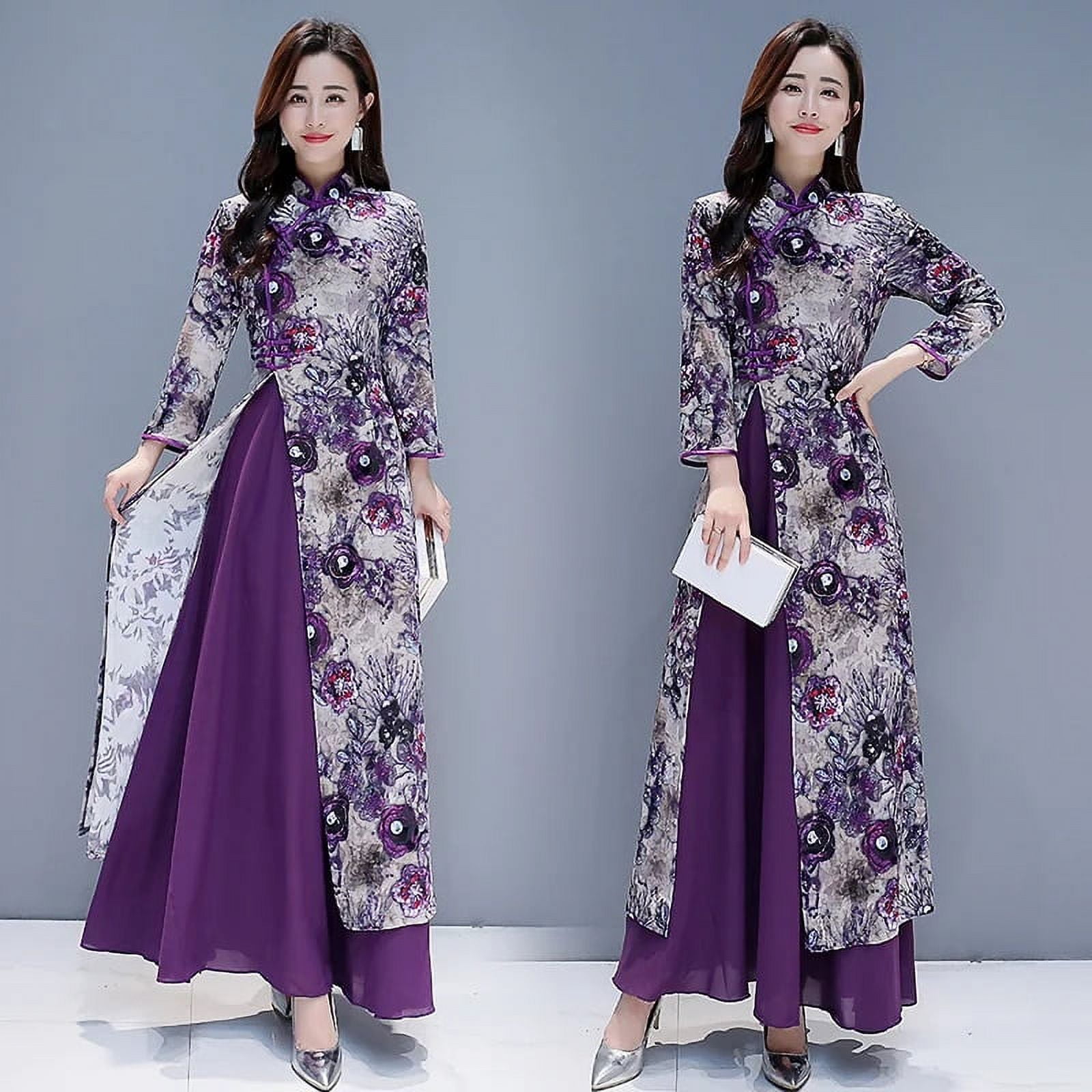 Purple Style Dress Cheongsam Women Modern Improve Eleganti Long Qipao Spring Autumn Vintage Female Vietnam Ao Dai Dress Walmart