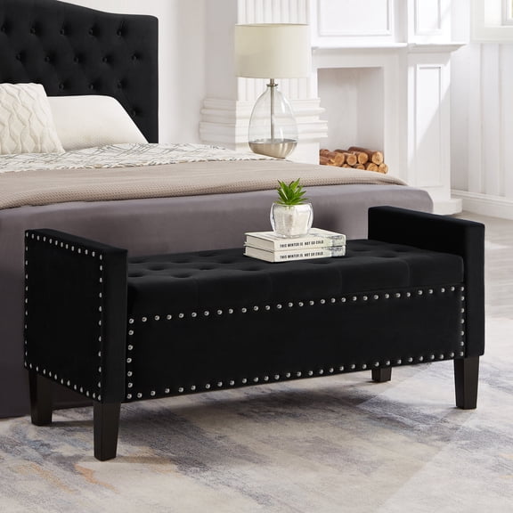 Wooden Storage Benches Upholstered Tufted Button Storage Bench with nails trim,Entryway Living Room Soft Padded Seat with Armrest,Bed Bench-Black,Indoor Storage Benches