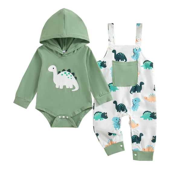 6 Months Baby Boys Clothes 12 Months Boys Pant Set Infant Boys Long Sleeve Dinosaur Print Hooded Romper Top Overall Pants 2PCS Outfits Set Green
