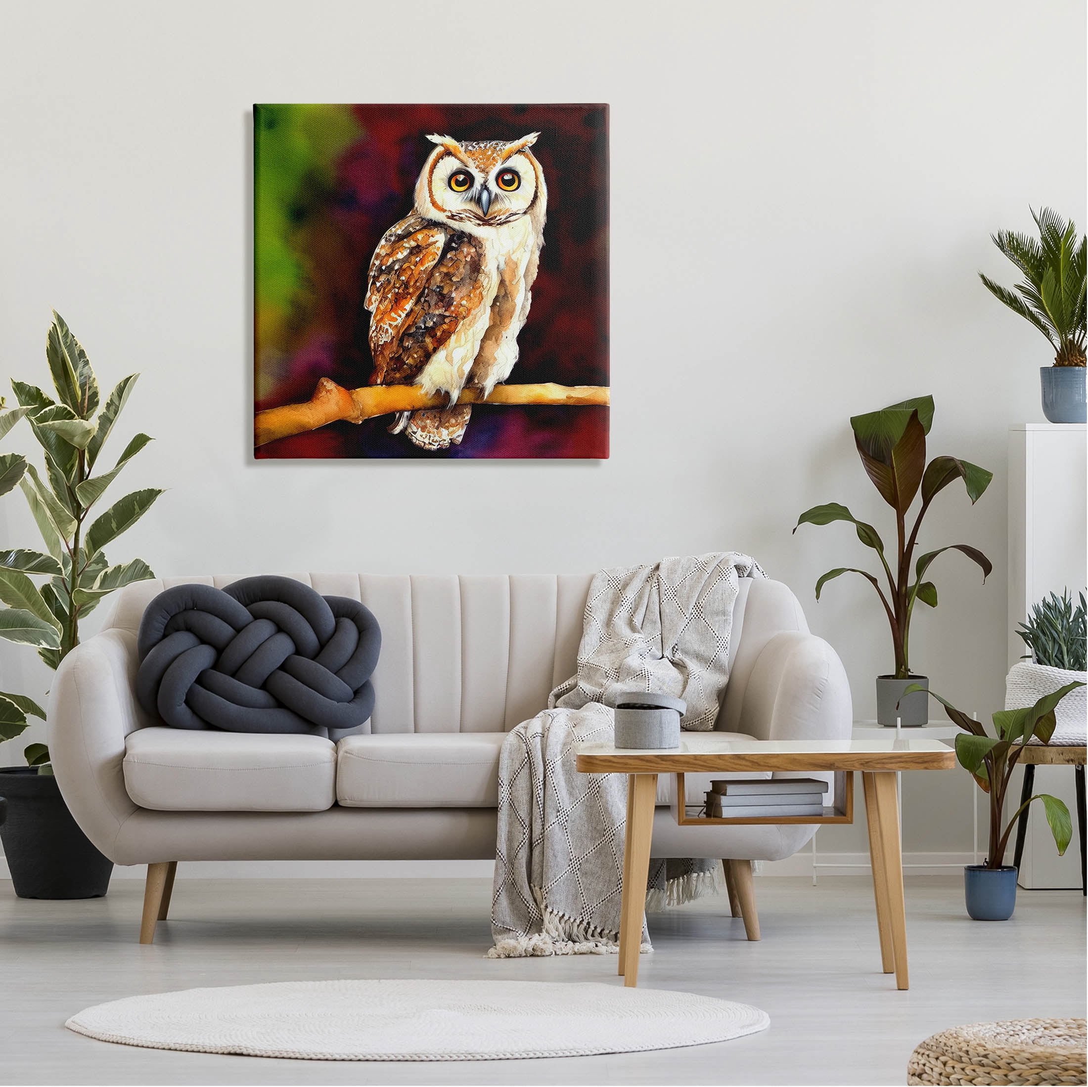 Intense Owl Gazing Perched Animals & Insects Painting Gallery Wrapped Canvas Print Wall Art