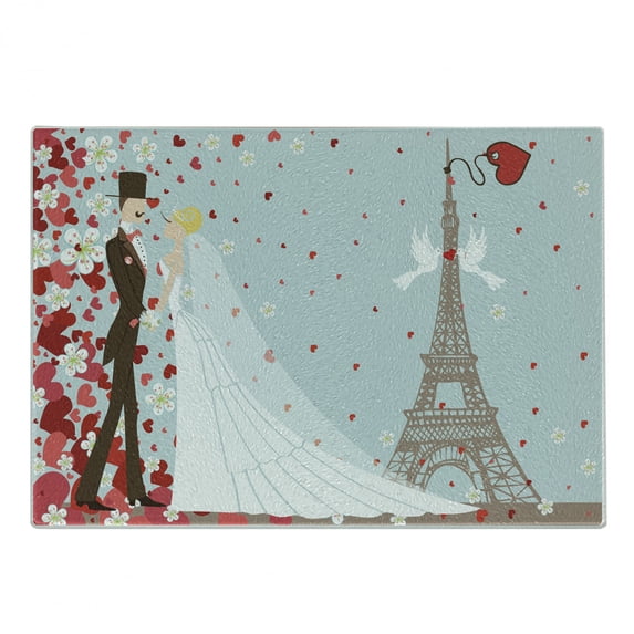 Wedding Cutting Board, French Couple Hand Drawn Paris Eiffel Tower Getting Married Hearts Celebration, Decorative Tempered Glass Cutting and Serving Board, Small Size, Blue Red White, by Ambesonne