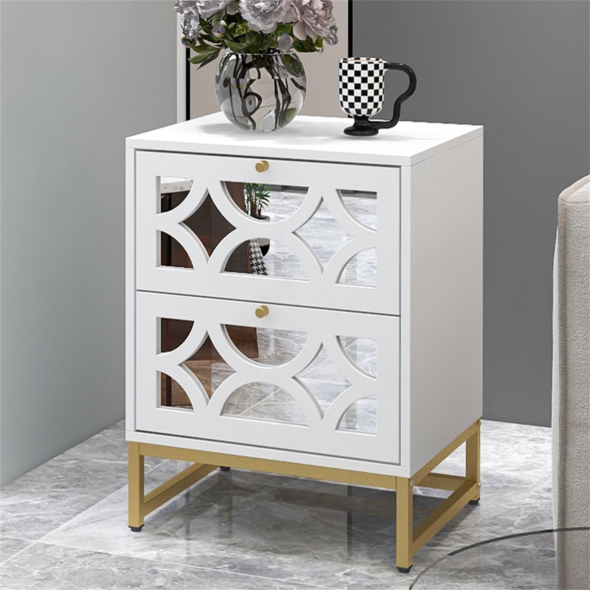 Kadyn Nightstand with 2 Drawer, White Mirrored Bedside Table with Gold Legs for Bedroom, Side Table Kadyn Nightstand with 2 Drawer, White Mirrored Bedside Table with Gold Legs for Bedroom, Side Table