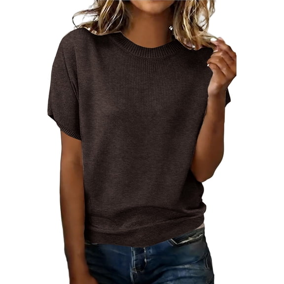 LEKODE Casual Knit Sweater Tops for Women, Crew Neck Cap Sleeve Lightweight Pullover for Everyday Office Outfits B Coffee S