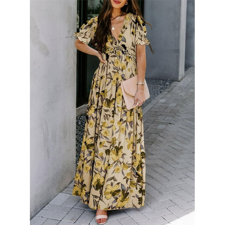 Chiffon Short sleeve Print Maxi V neck High waist Vacation Dresses Chiffon Short sleeve Print Maxi V neck High waist Vacation Dresses