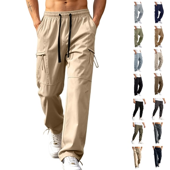 QATAINLAV Men's Solid Casual Cargo Pants Adjustable Cuff Relaxed Fit Jogger Pants Plus Size Drawstring Elastic Waist Travel Hiking Trousers with Multi Pockets